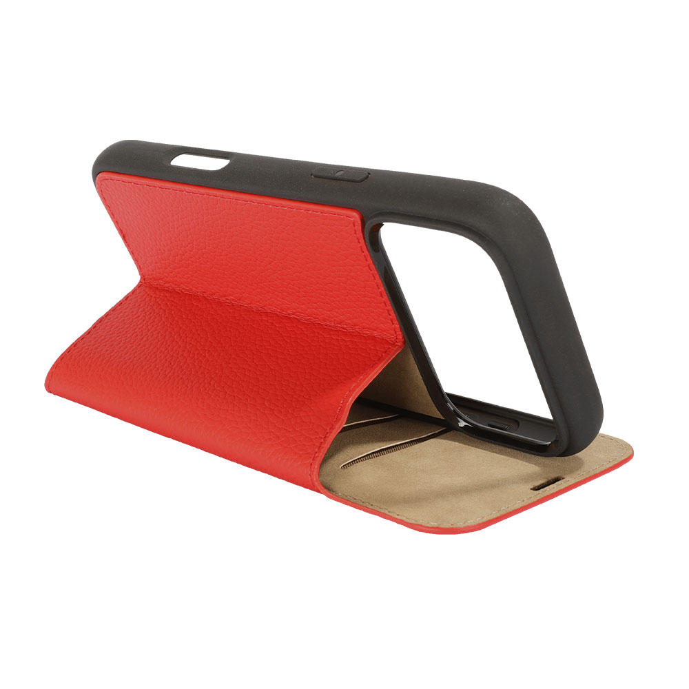 iPhone 17 Pro Max Echtleder Book Case Tasche Flip Cover Hand Made (MARCXIP17PROMAX-M04) - Cherry Tomato