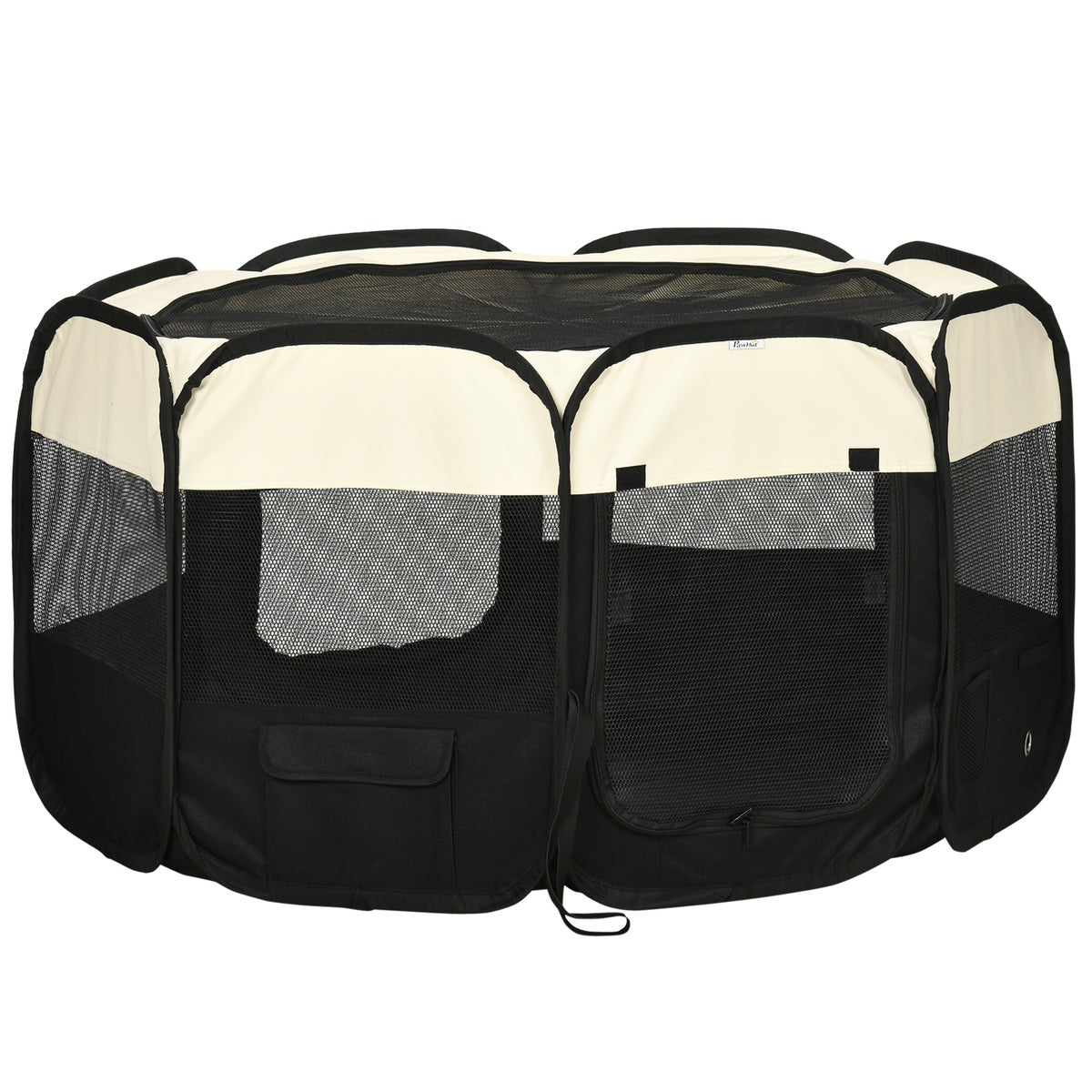 PawHut Puppy Playpen, 118L x 118B x 62H cm, staal, Oxford-stof (100% polyester), mesh-stof, crèmewit + zwart