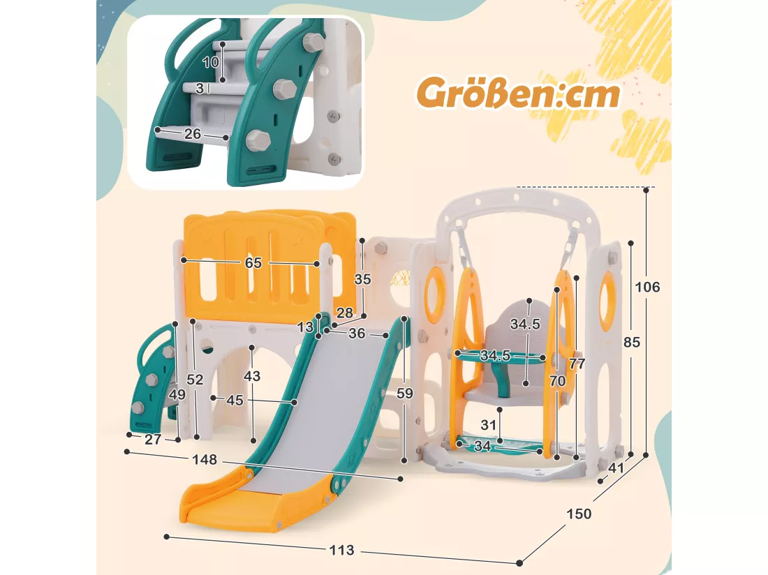 Toboggan 7 en 1 pour enfants - 215 x 150 x 106cm - en HDPE - avec balançoire et panier de basket - vert