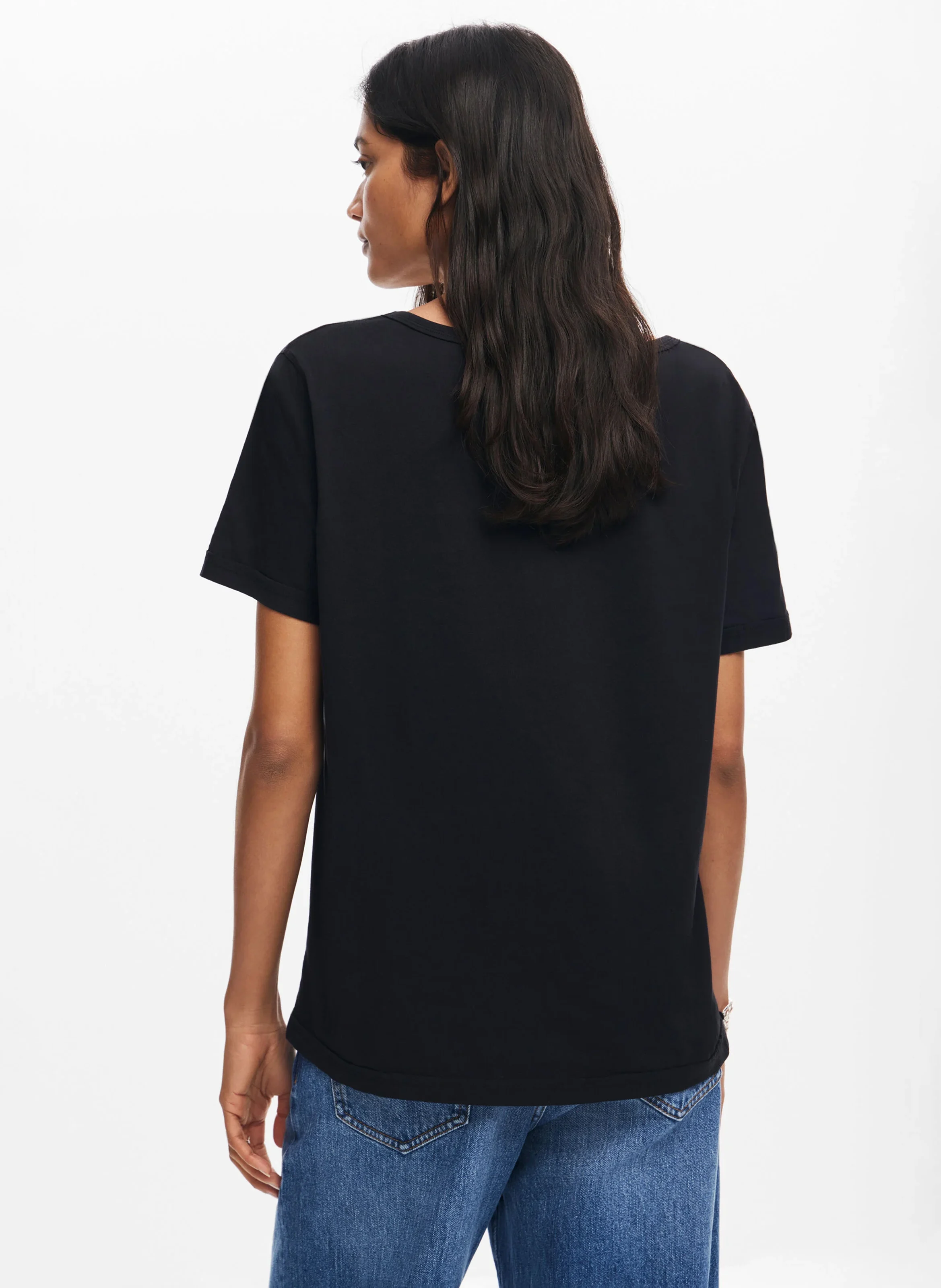Tee-shirt droit col V en coton sérigraphié | Noir