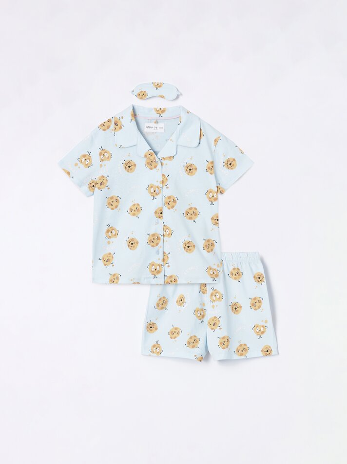 Conjunto de pijama de 3 peças e máscara para os olhos - Lavagem azul clara