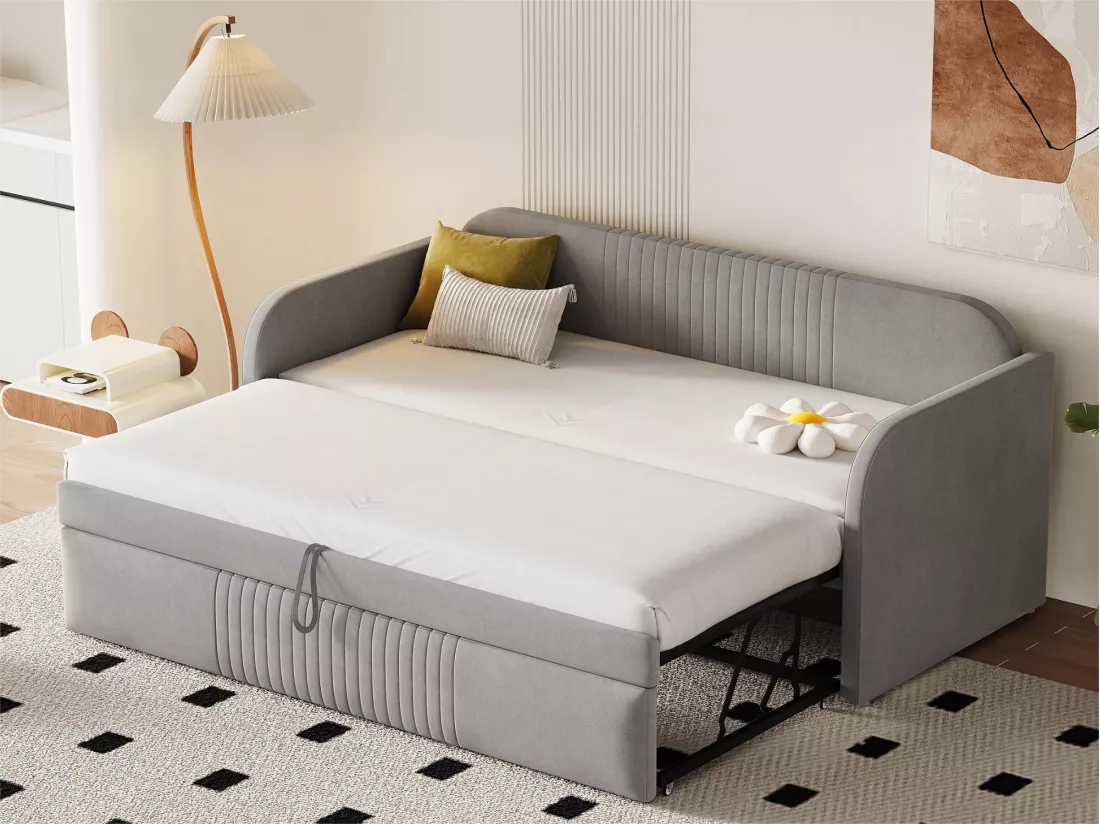 Lit gigogne 90/180x190 cm - lit canapé en tissu lin - avec sommier à lattes - Gris clair