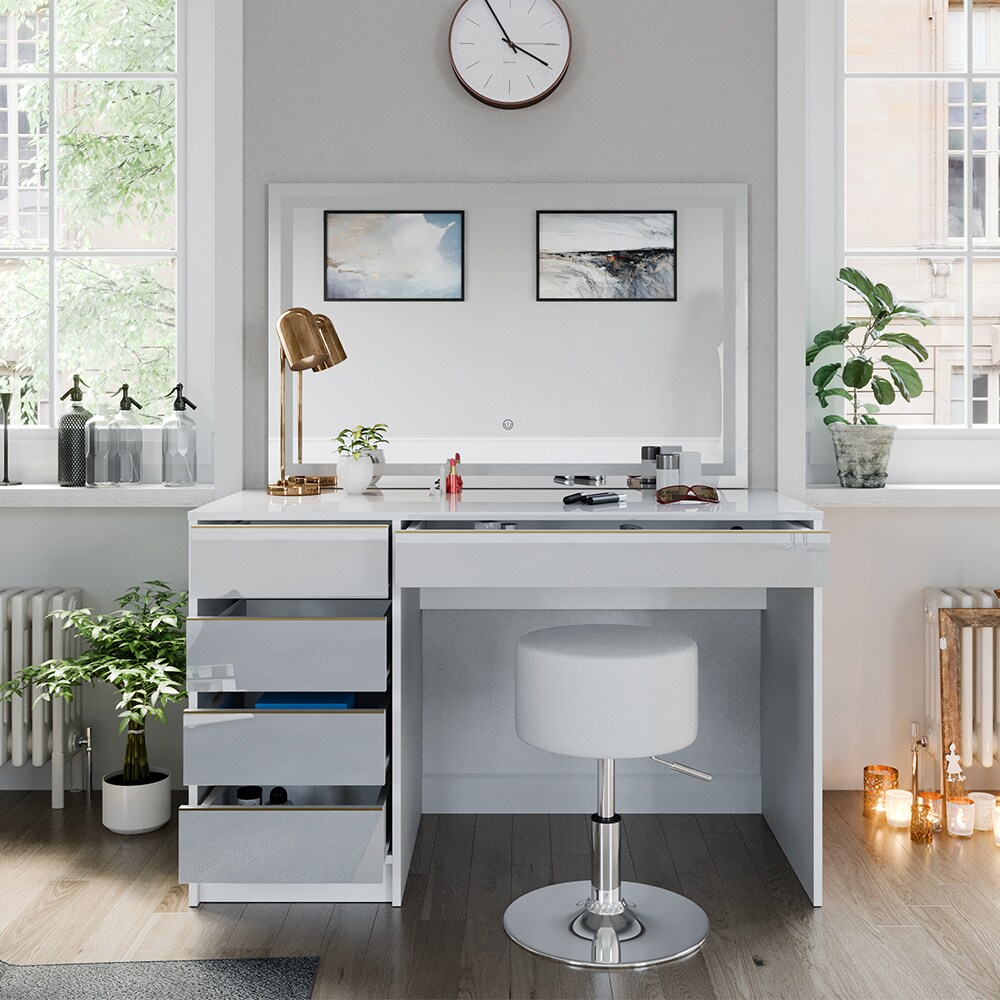 Vicco Schminktisch Sherry Weiß Hochglanz Gold 120 x 75 cm 5 Schubladen LED-Spiegel Hocker