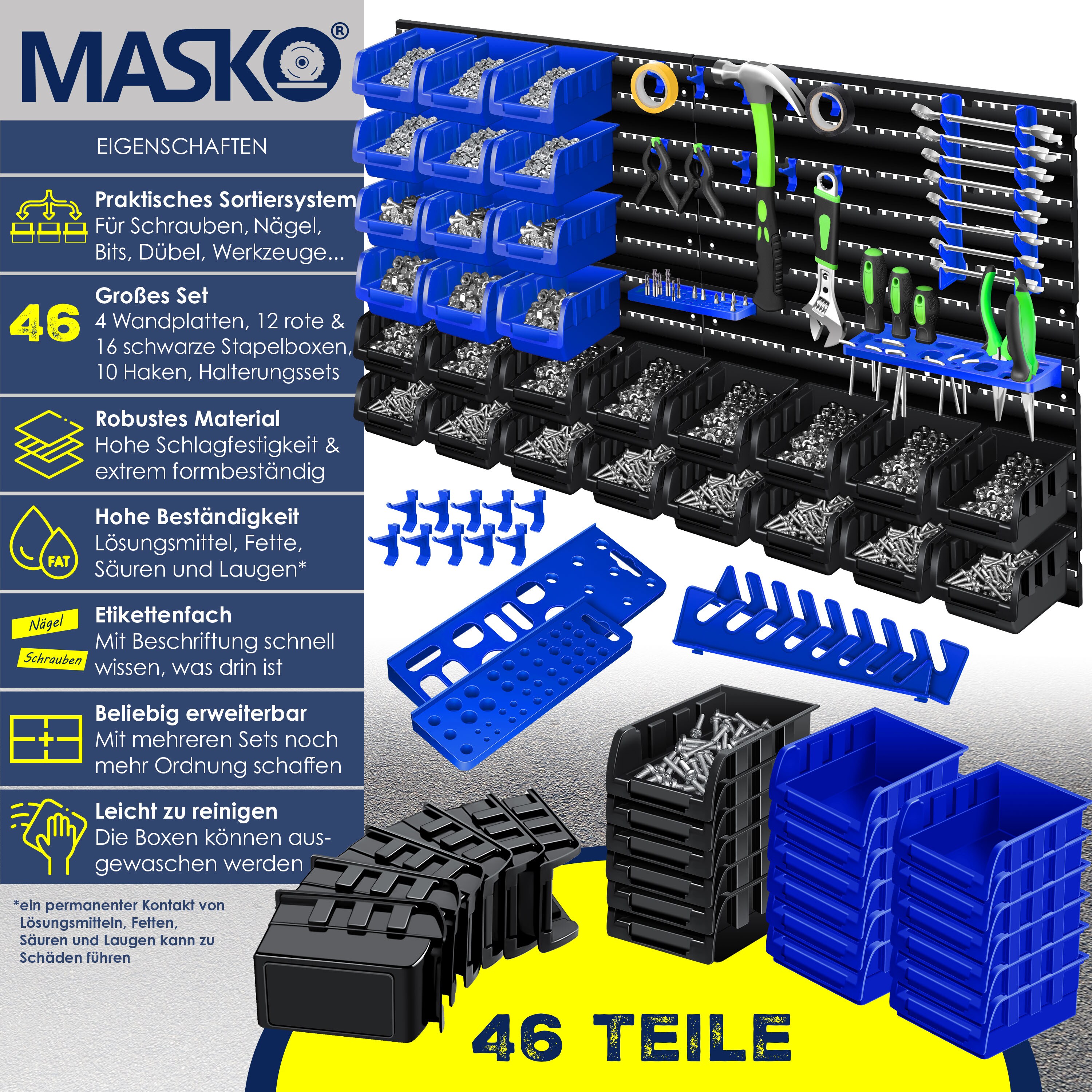 MASKO® Wandregal + Stapelboxen + Werkzeughalter | 45 tlg Box | Erweiterbar | Werkstattregal Lagerregal Steckregal Set Box | Sichtlagerkästen | Kleinteilemagazin | Sortimentskasten | Werkstatt |