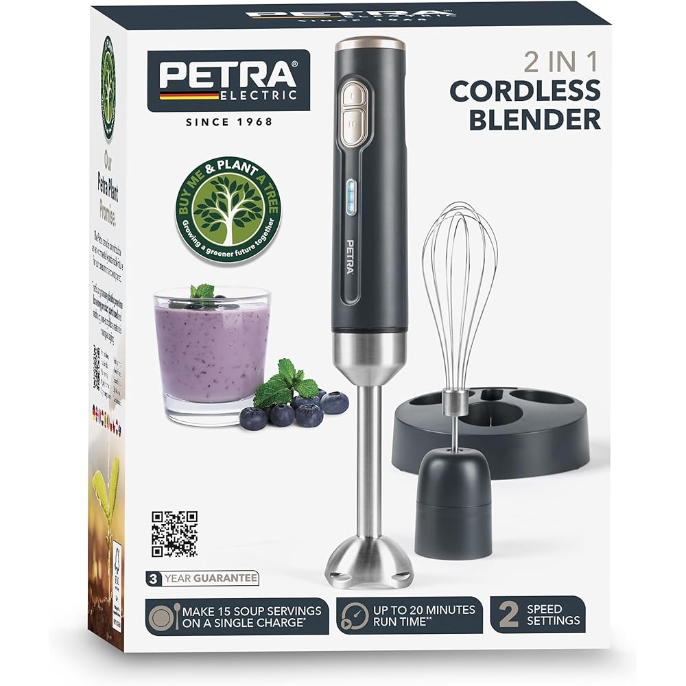 Petra PT5394BGRYVDE Mixeur 2 en 1 sans fil avec fouet et tige de mixage en acier inoxydable, batterie rechargeable de 10,8 V, 2 vitesses, base de rangement antidérapante et voyant LED : Cuisine et Maison