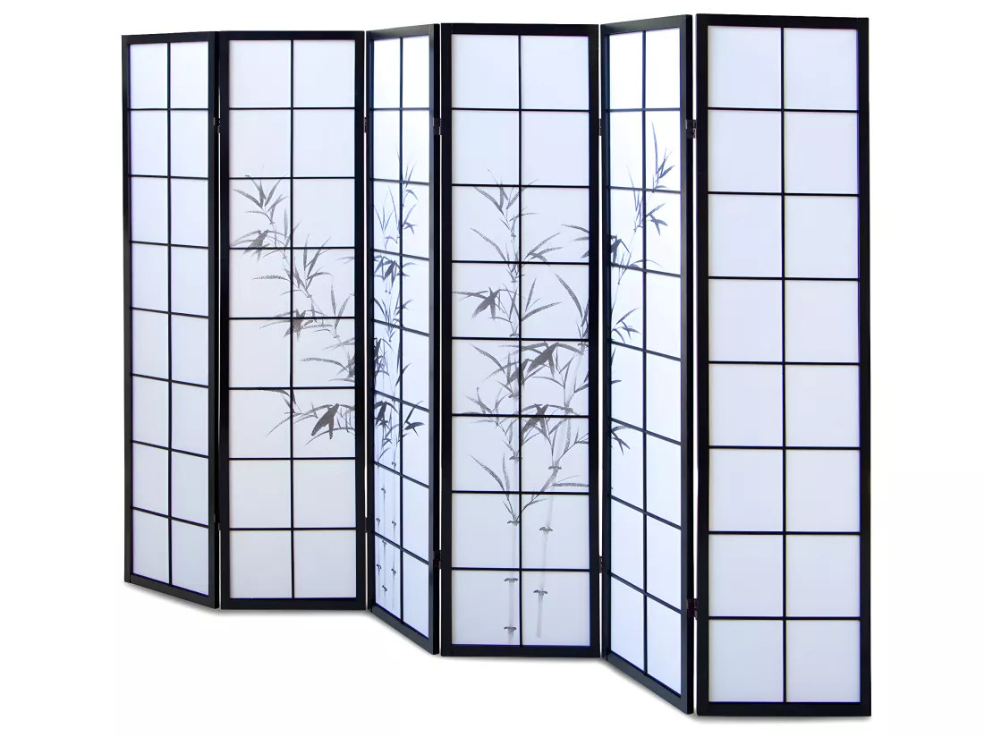 Paravent japonais en bois noir avec dessin bambou de 6 pans