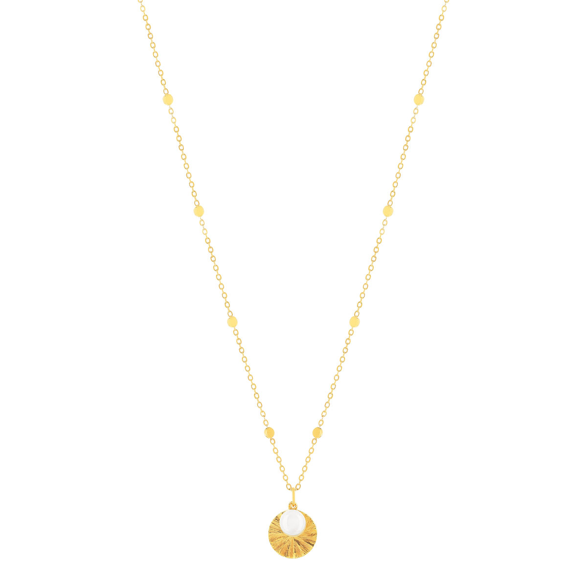 Collier plaqué or médaille striée pampille pierre de lune  48 cm