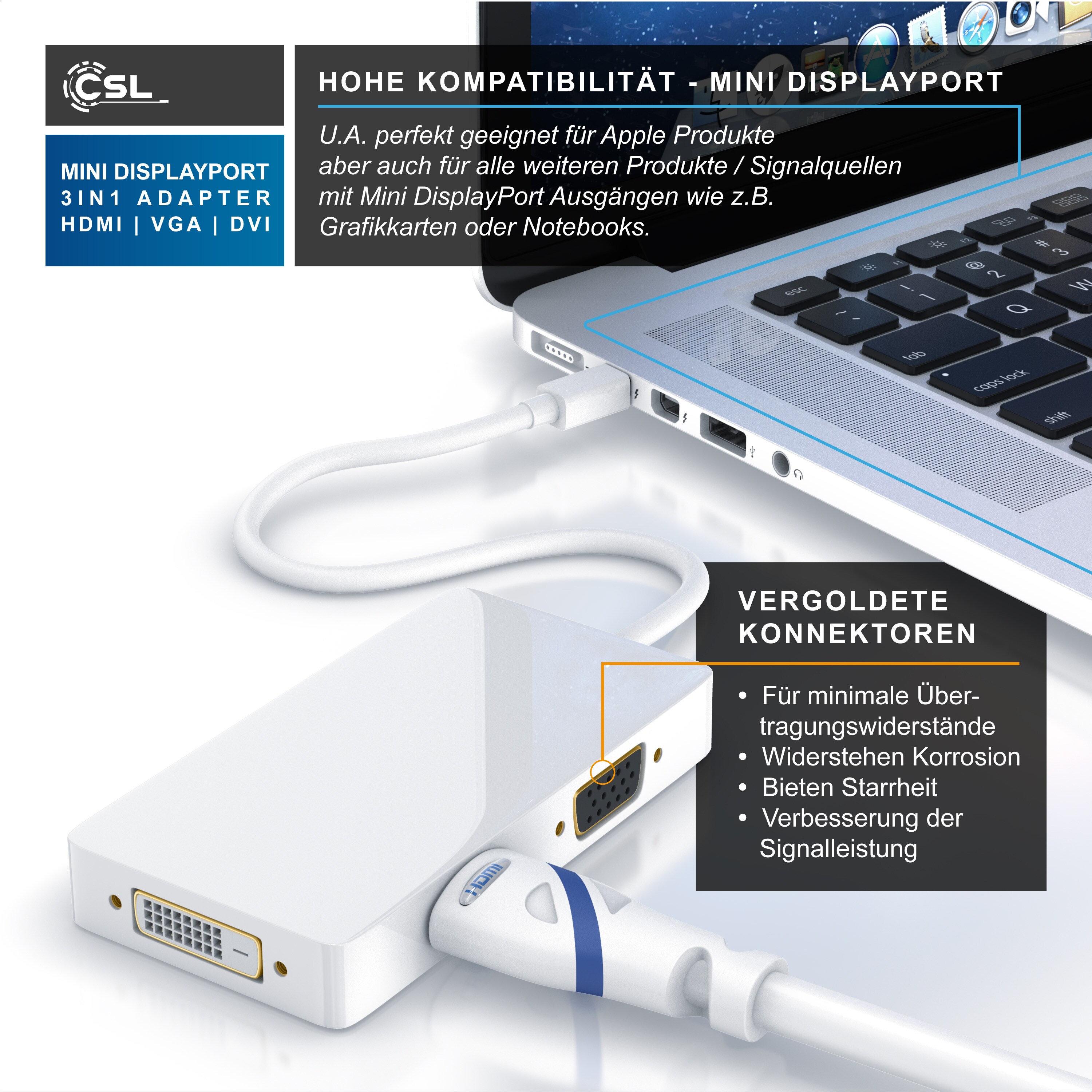 CSL 3in1 Mini DisplayPort zu HDMI, DVI, VGA Adapter Konverter, miniDP 1.2 4k 3840x2160 UHD 2160p, 0,15m