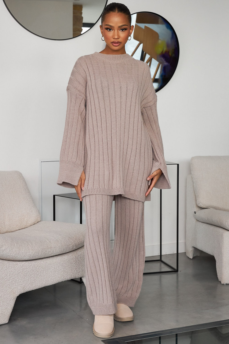 Ensemble 2 pièces pull long + pantalon en laine beige foncé