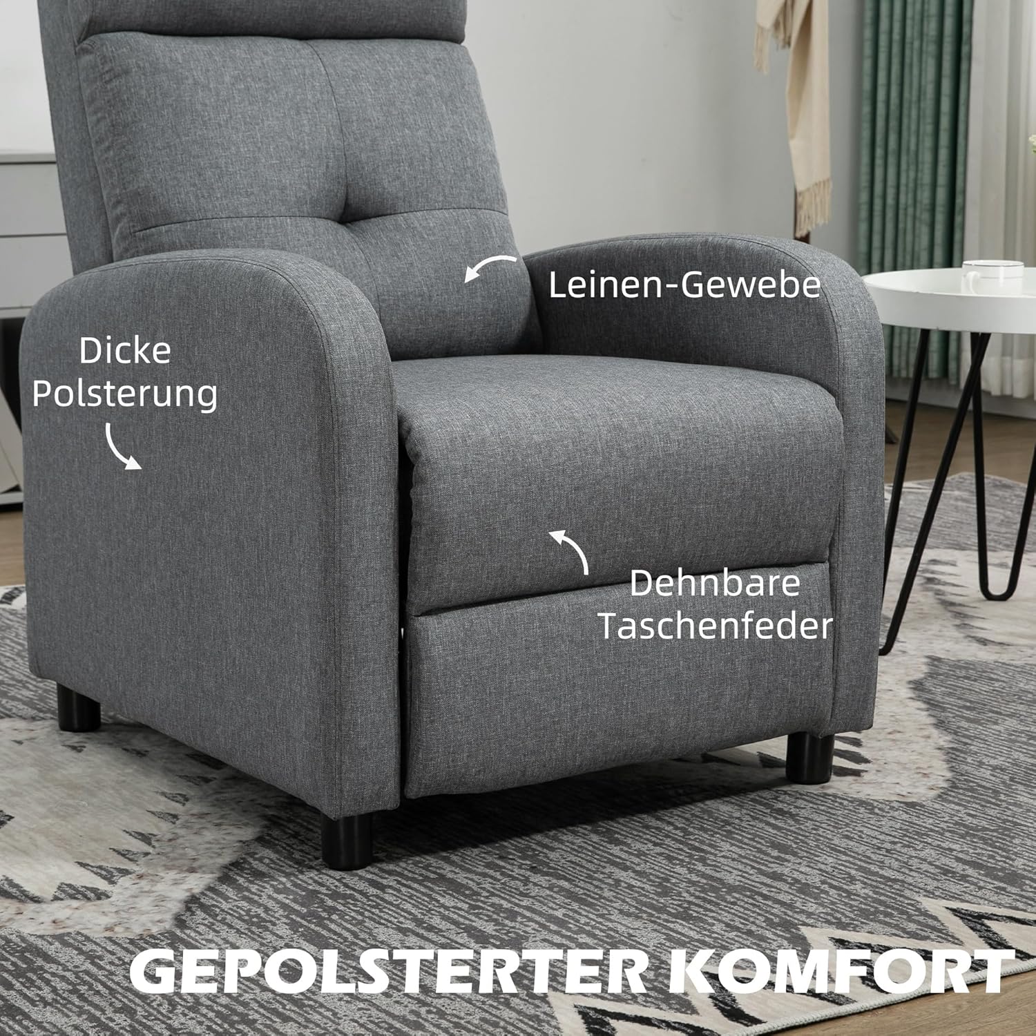 HOMCOM Relaxsessel, Fernsehsessel mit Liegefunktion, TV-Sessel mit Leinenoptik, Gepolstert Liegesessel mit Taschenfederkern, Ruhesessel bis 150 kg belastbar für Wohnzimmer, Grau