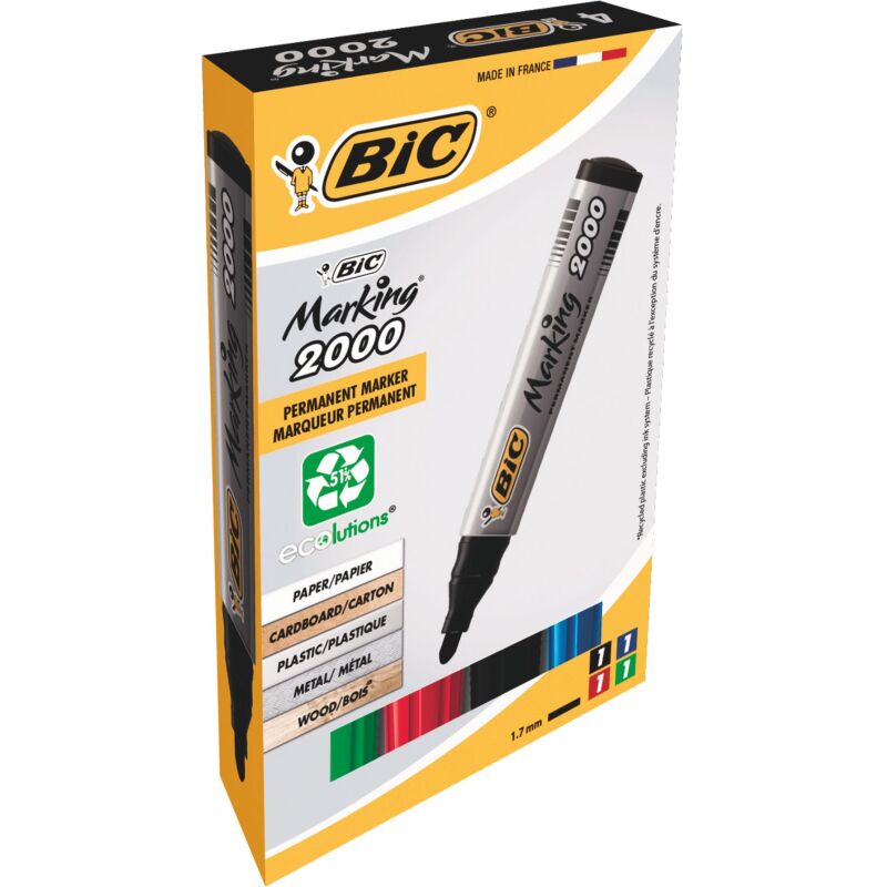 Marqueur permanent Bic 2000 pointe ogive 4,95 mm - Pochette de 4 couleurs