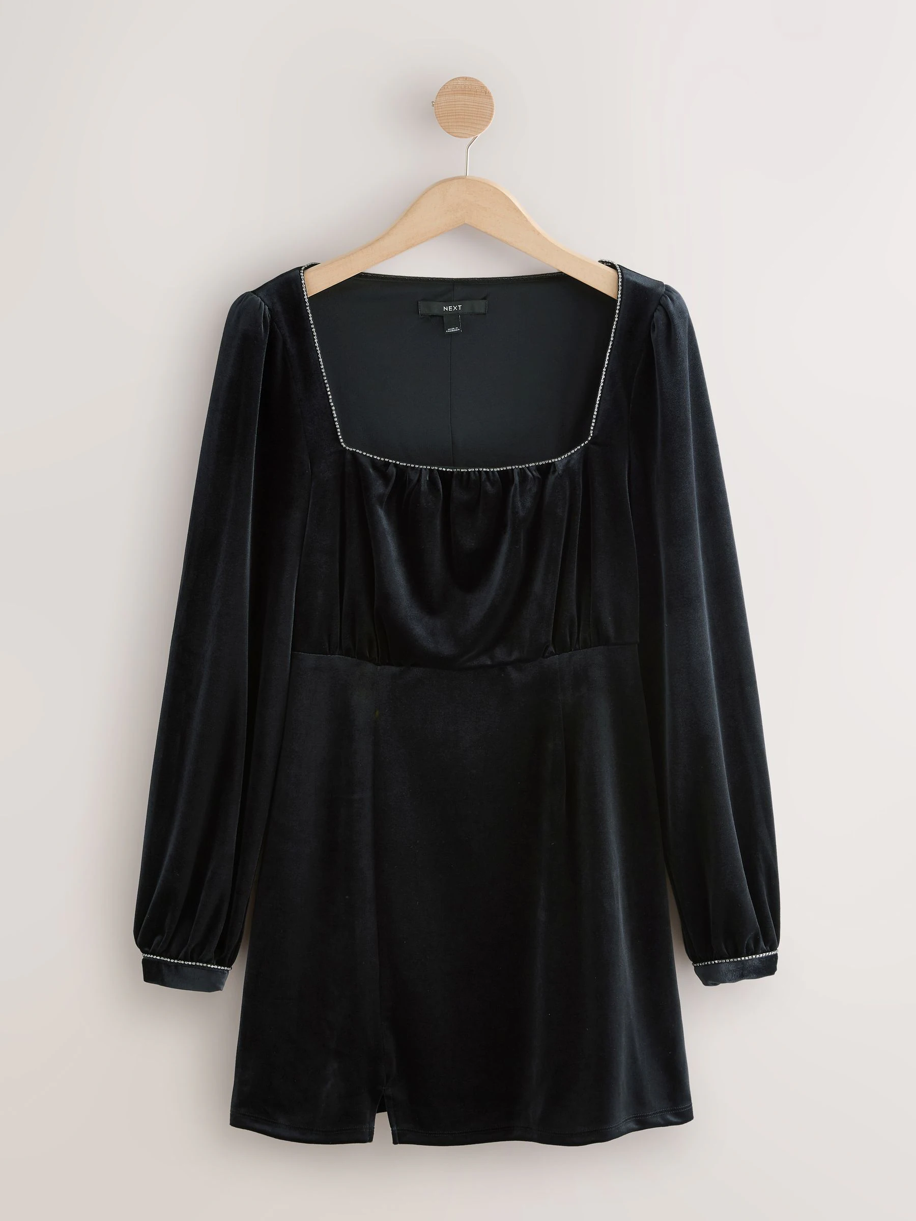 Zwart - Embellished Neckline Velvet Long Sleeve Mini Dress