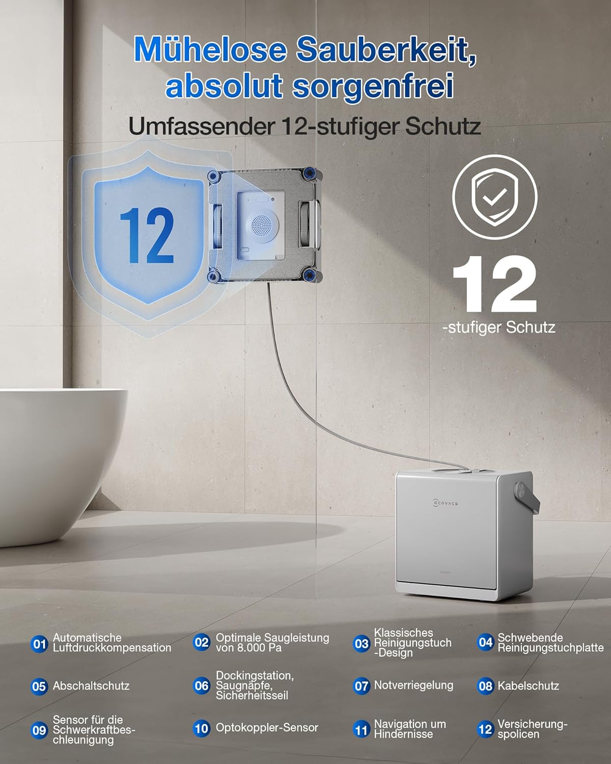 ECOVACS WINBOT W2S Omni Fensterputzroboter mit Multifunktionsstation, intelligenter Bis-an-den-Rand-Reinigung mit TruEdge™, Aufladen während des Betriebs, DREI Wasserdüsen, 12-stufigem Schutz