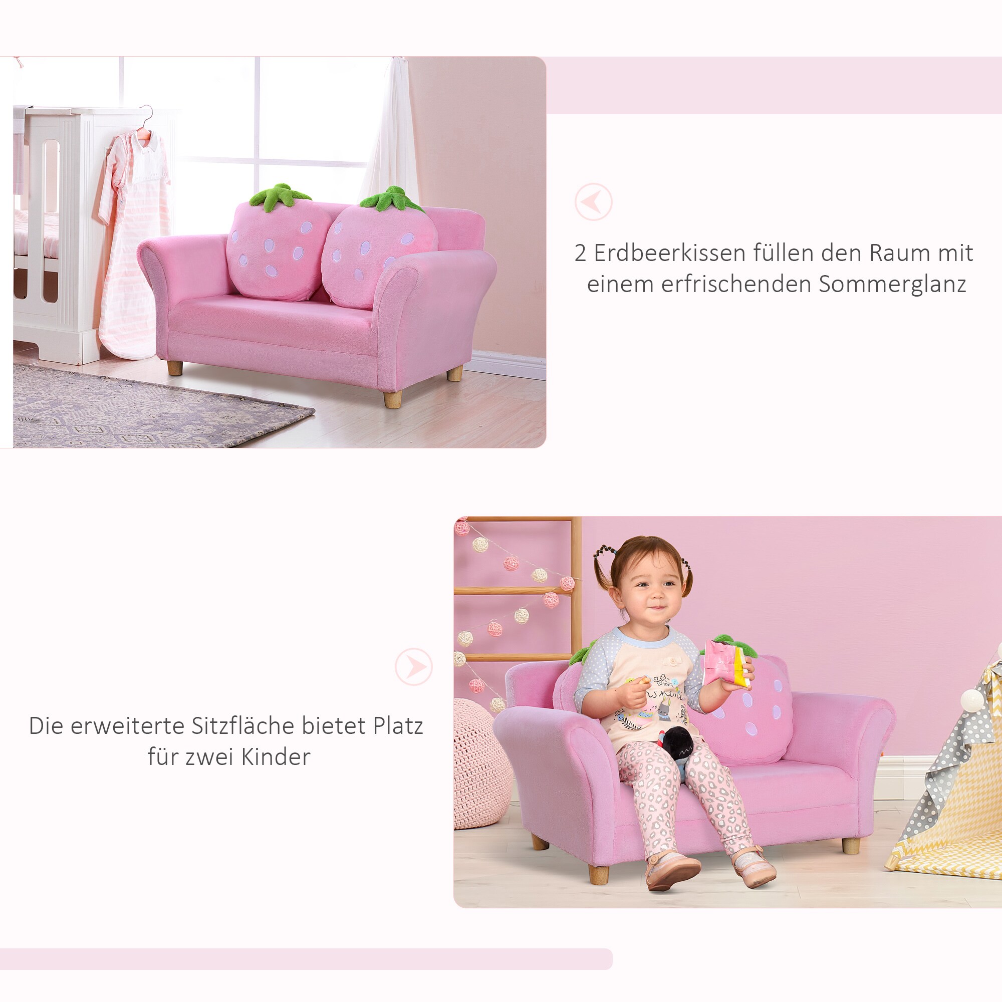 HOMCOM Kinder Erdbeersofa inklusive Kissen rosa, grün 90 x 50 x 43 cm (LxBxH)