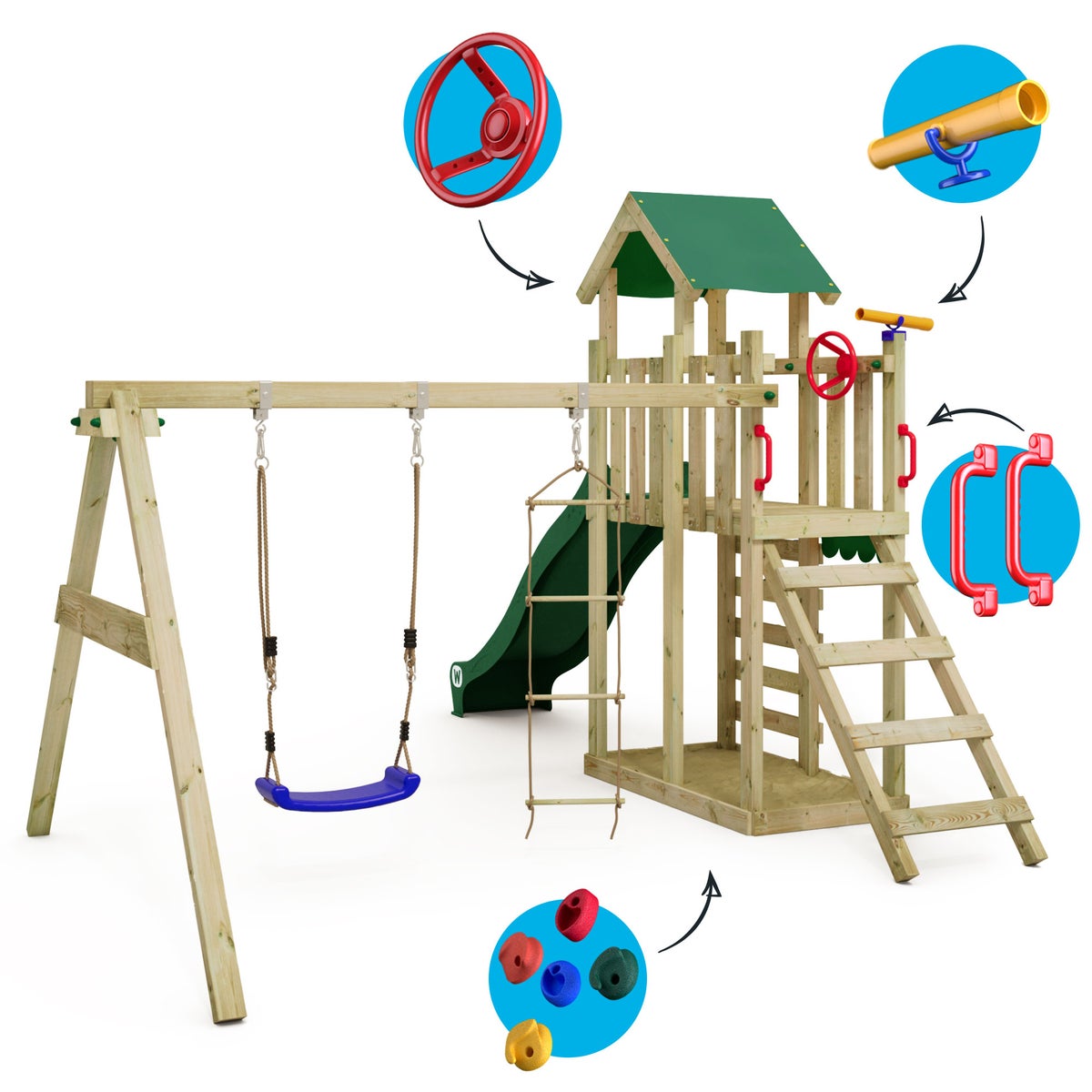 WICKEY MultiFlyer Light speeltoren klimtoestel met schommel en glijbaan, klimtoren met zandbak, ladder en speeltoebehoren – groen