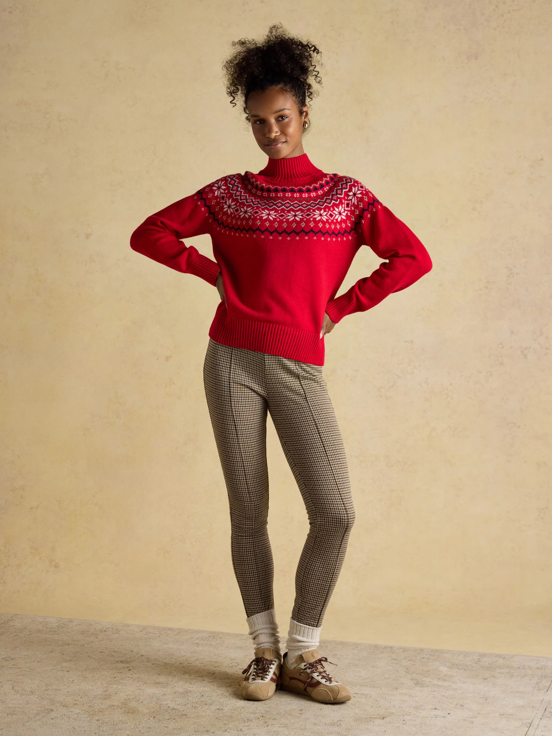 Rood - Joules Alba Fair Isle High Neck Cotton-Blend Jumper