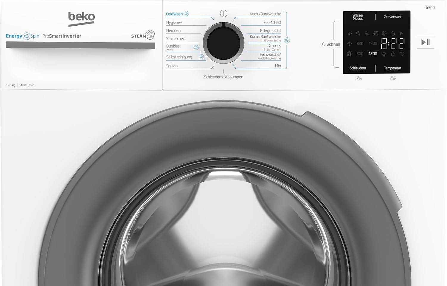 Beko BM3WFU4841W1, Waschmaschine, 8 kg, Frontlader, Waschvollautomat, 1400 U/min, SteamCure Dampffunktion, allergikergeeignet, Weiß