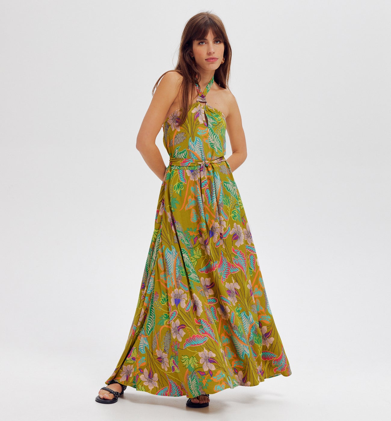 Robe dos nu imprimée - Imprimé vert anis