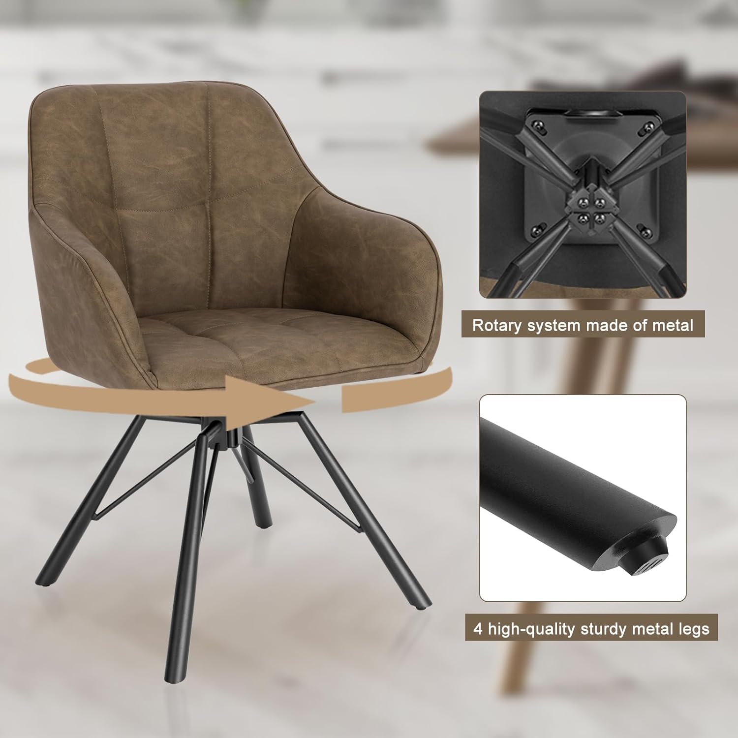 WOLTU Esszimmerstuhl drehbar 6er Set, Küchenstuhl, Polsterstuhl, Drehstuhl, bequemer Stuhl mit Armlehnen Rückenlehne, Armlehnenstuhl für Esszimmer Wohnzimmer, mit Kunstlederbezug, Braun