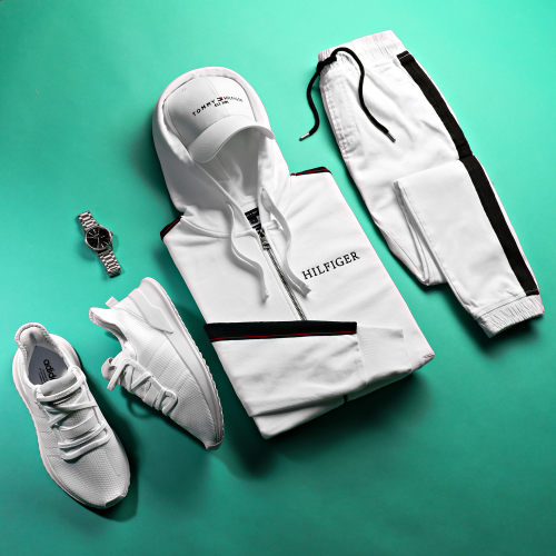 Sweat Zippé Capuche A Bandes Taped Hilfiger 8723 Blanc