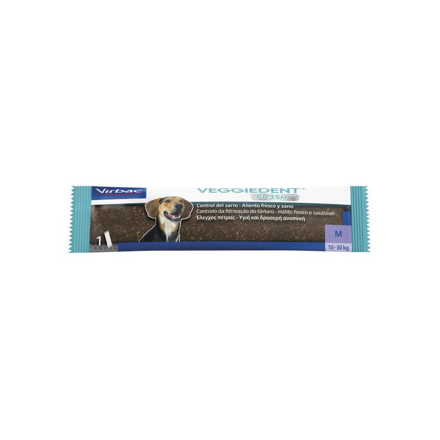 Petiscos dentais frescos Virbac Veggiedent para cães de porte médio.