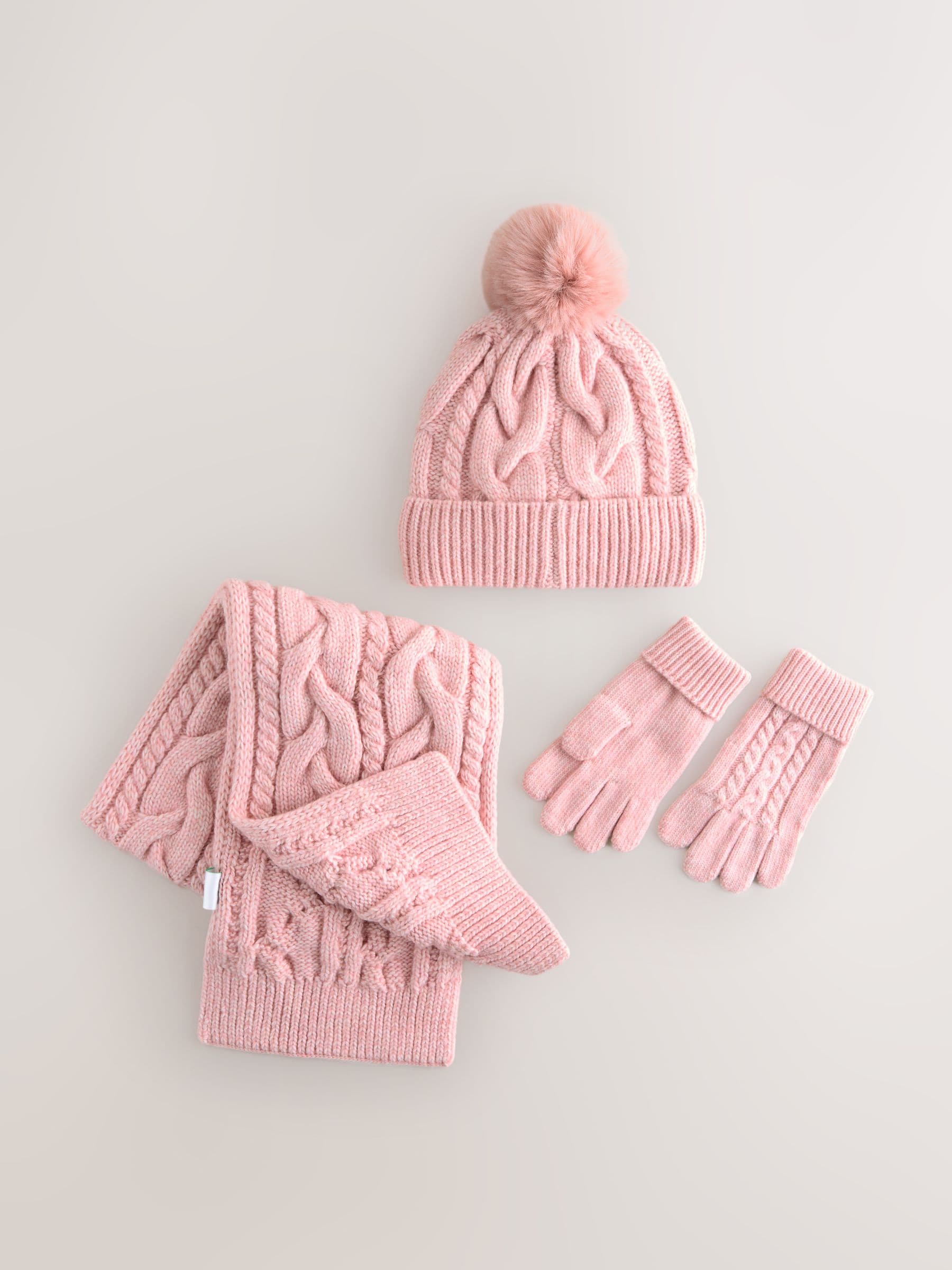 Roze - Kabelmuts, sjaal en handschoenenset (3-16jr)