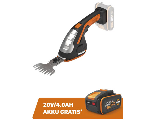 WORX 20V 12cm/20cm snoerloze gras- en struikschaar WG801E.9 + GRATIS bonusartikel: 20V accu WA3644 (4,0Ah)