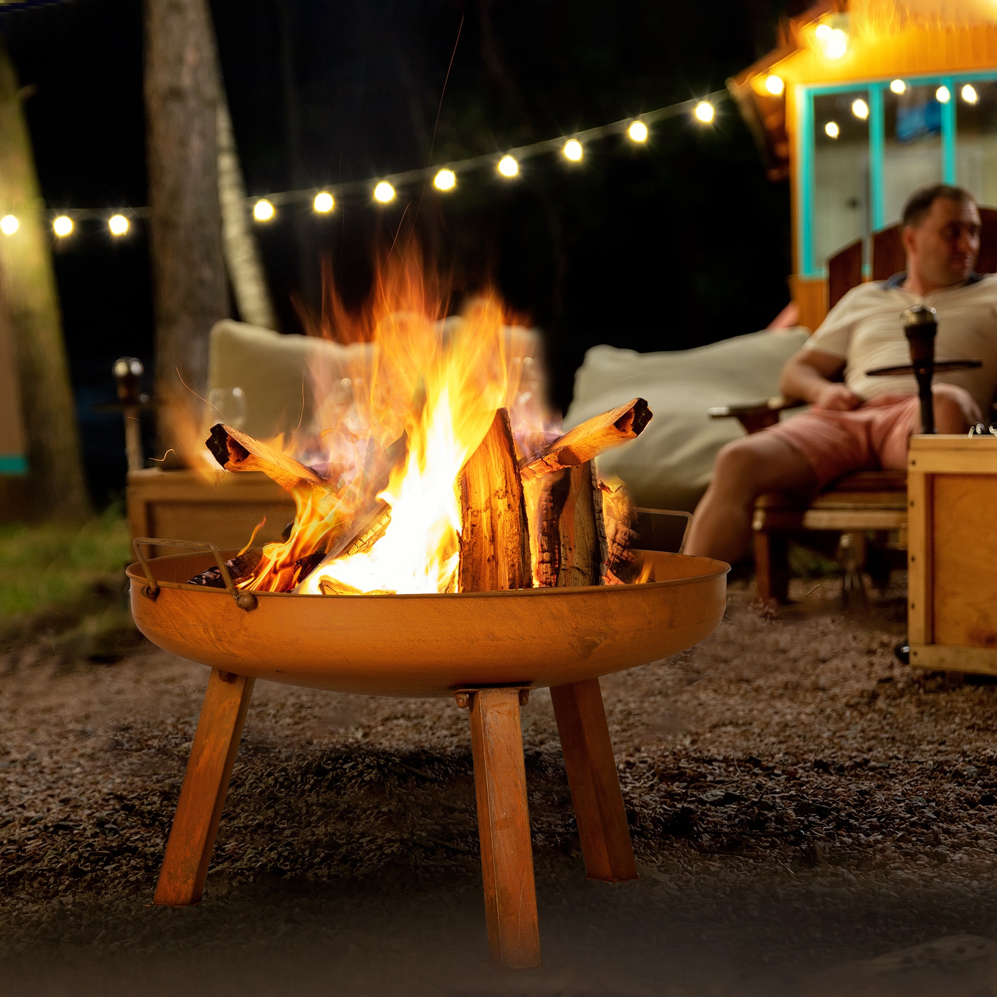 Outsunny Feuerschale mit Schürhaken braun 71L x 60B x 36H cm