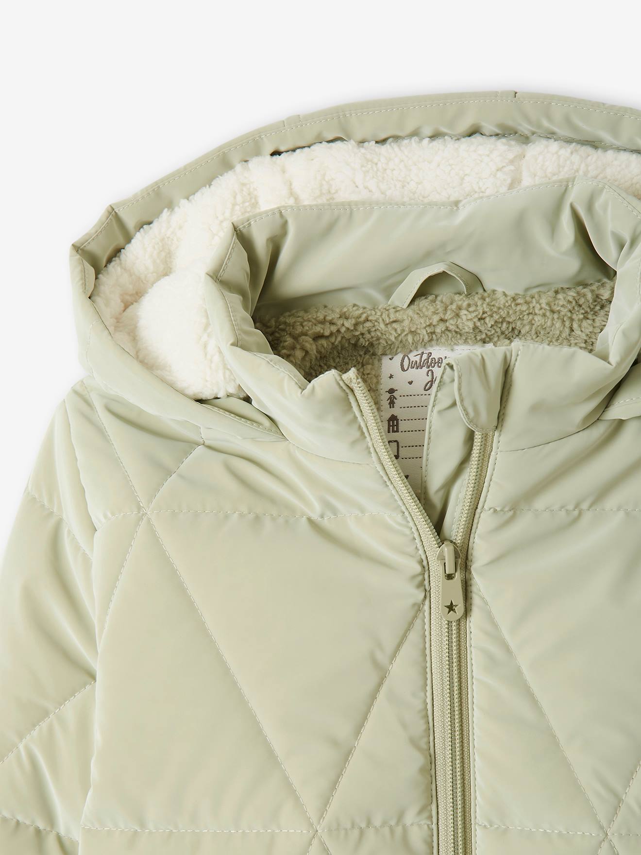 Jaqueta longa acolchoada com capuz e forro de sherpa, estampa azul escura para meninas.