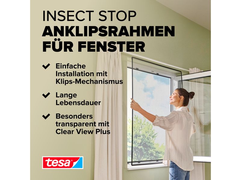 tesa Fliegengitter Insect Stop Clip on 1.2 x 2.4 m, Anthraz Insektenschutz für Fenster