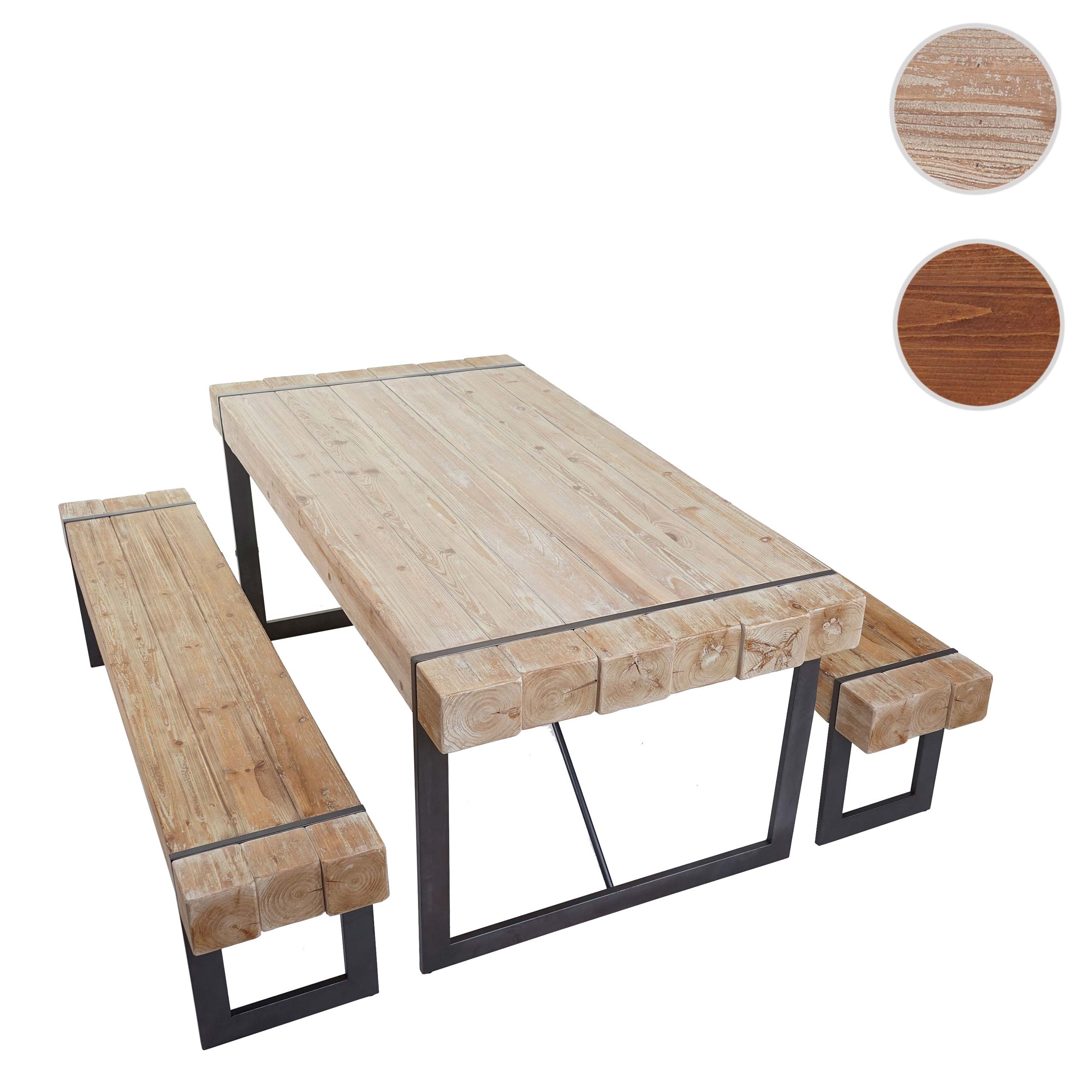 Esszimmergarnitur MCW-A15, Esstisch + 2x Sitzbank, Tanne Holz rustikal massiv MVG-zertifiziert ~ naturfarben 160cm