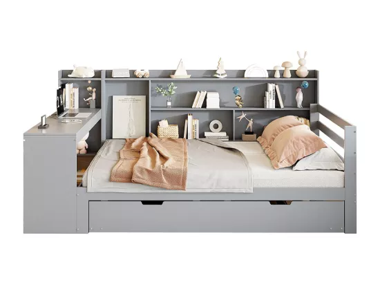 Lit gigogne 140x200 avec bureau étagères compartiments de rangement et étagères avec prises de courant lit double en bois Gris