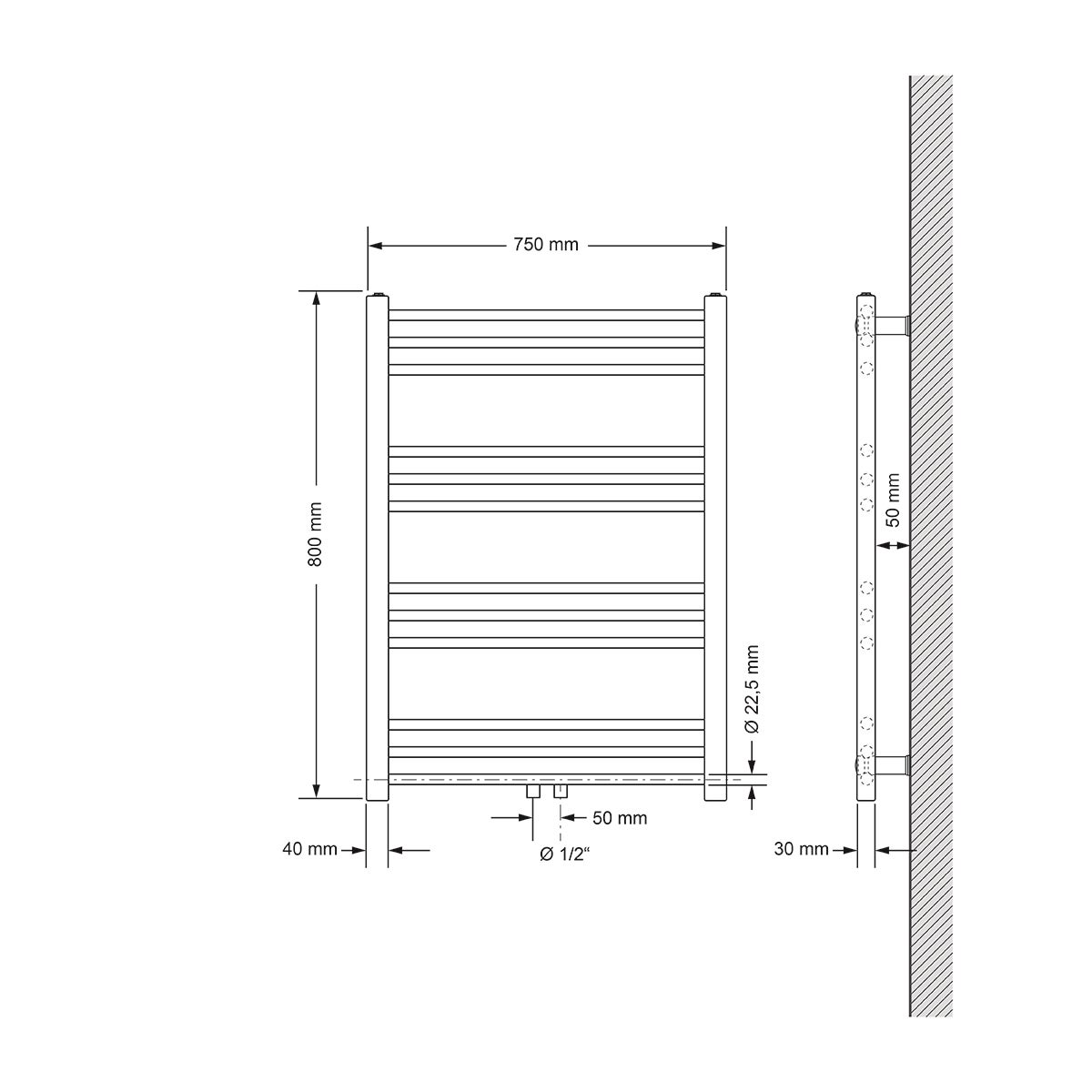 ECD Germany Badkamerradiator 750 x 800 mm Wit Recht met Middenaansluiting - Designradiator Handdoekverwarmer Handdoekdroger Handdoekradiator Handdoekverwarmer Badkamerverwarming