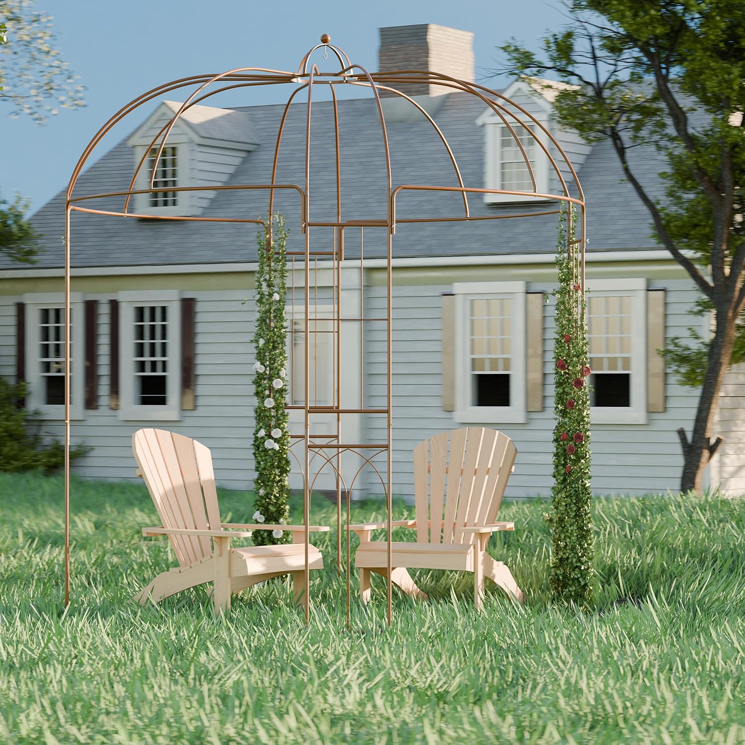 Relaxdays Rosenpavillon Metall, HBT 269 x 211 x 211 cm, Rankhilfe Kletterpflanzen, Garten, Rankpavillon mit Haken, braun