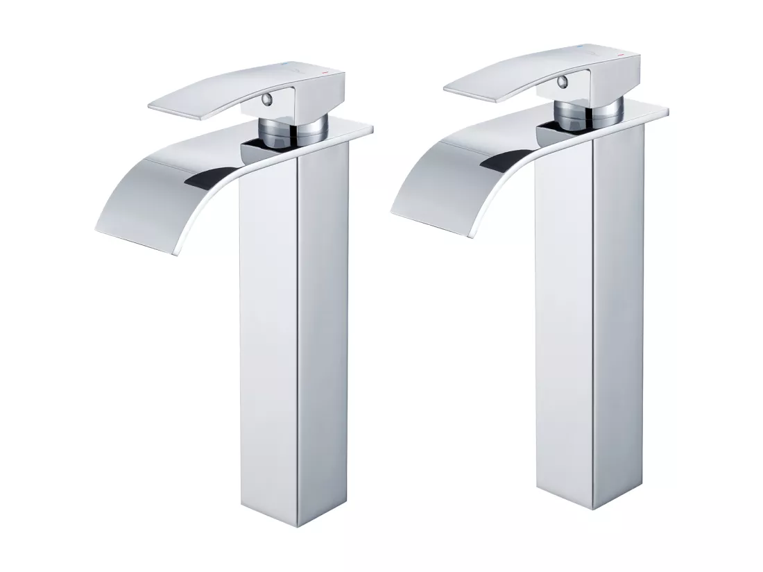 2PCS Auralum Max Robinet Cascade pour Vasque à Poser,Mitigeur Haut pour Lavabo,Robinet Cascade pour Salle Bains en Inox,Robinettrie Monotrou ,Chromé