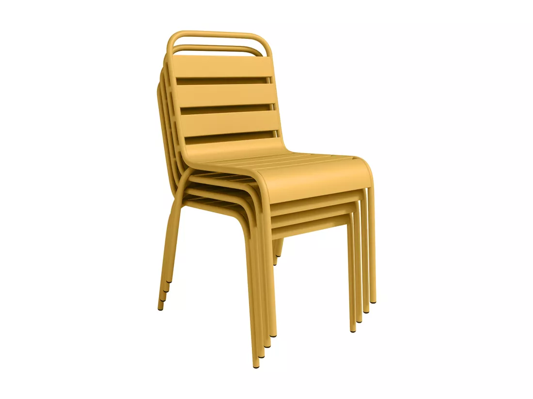 Salle à manger de jardin en métal - une table L.160 cm et 4 chaises empilables - Jaune moutarde - MIRMANDE de MYLIA