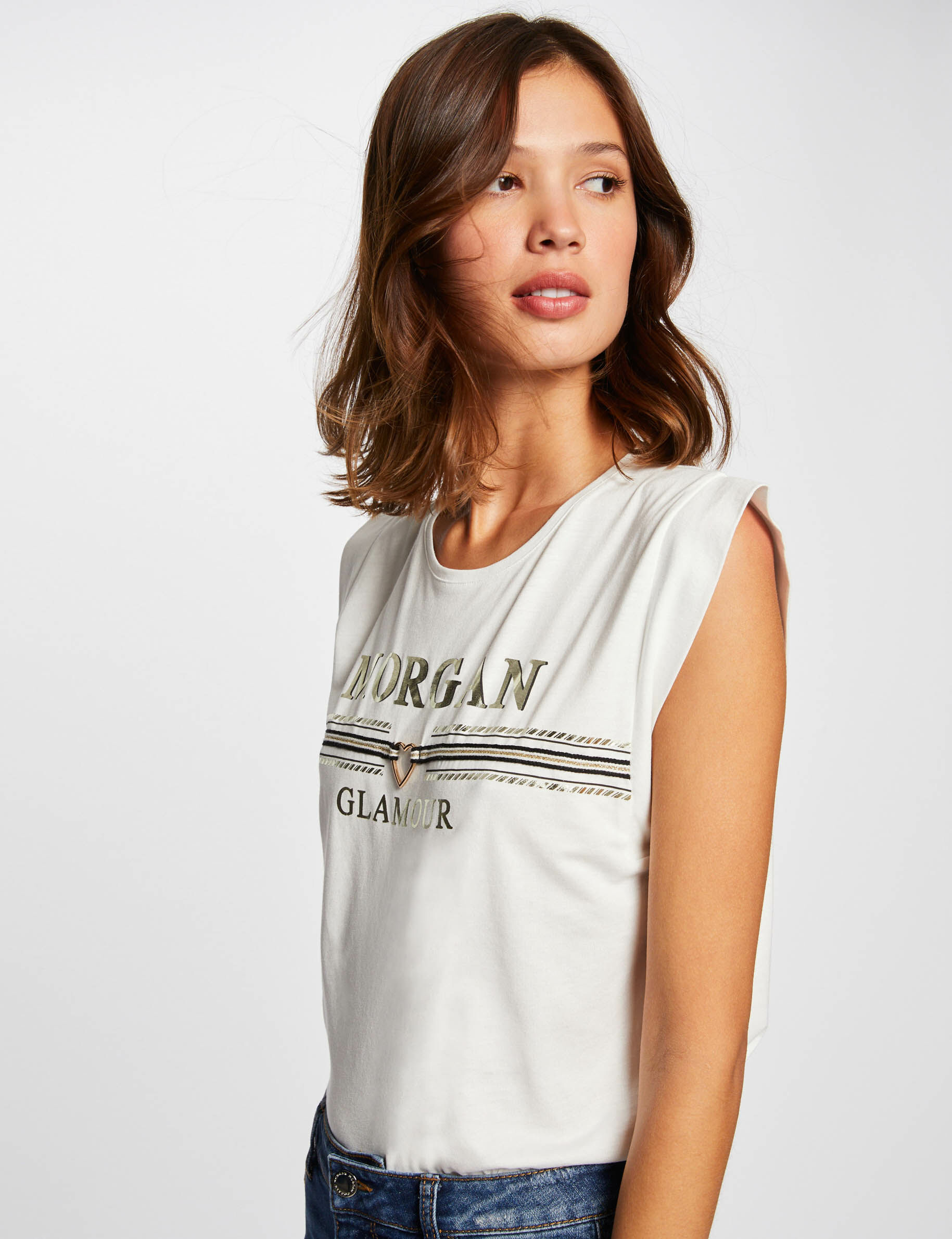 T-shirt manches courtes à inscription ecru femme - ecru