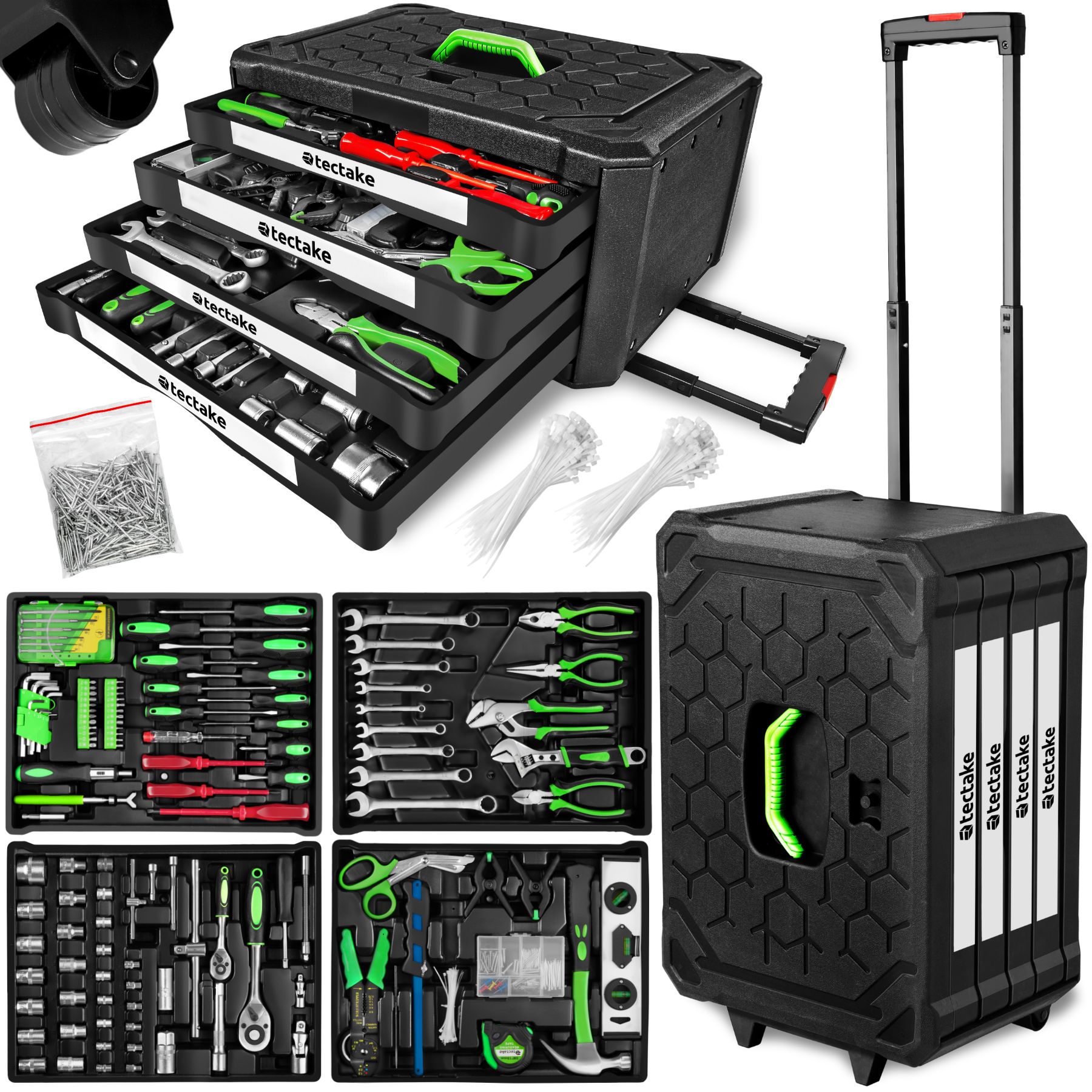tectake® Werkzeugkoffer, 899-teilig, übersichtliche Anordnung auf 4 Ebenen, inklusive Sicherheitsstift, mit Klappgriff und Teleskopgriff