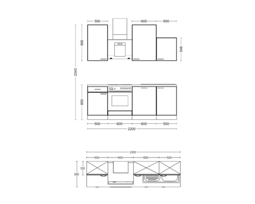 Flex Well keukenblok met apparatuur Cara 220 cm groen eiken mat gedemonteerd omkeerbaar model 00012644
