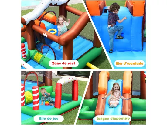 Château Gonflable pour Enfants avec Toboggan Cercle de Basket-Ball Mur d'escalade Filet de Sécurité Sac Design Mignon (sans Souffleur)