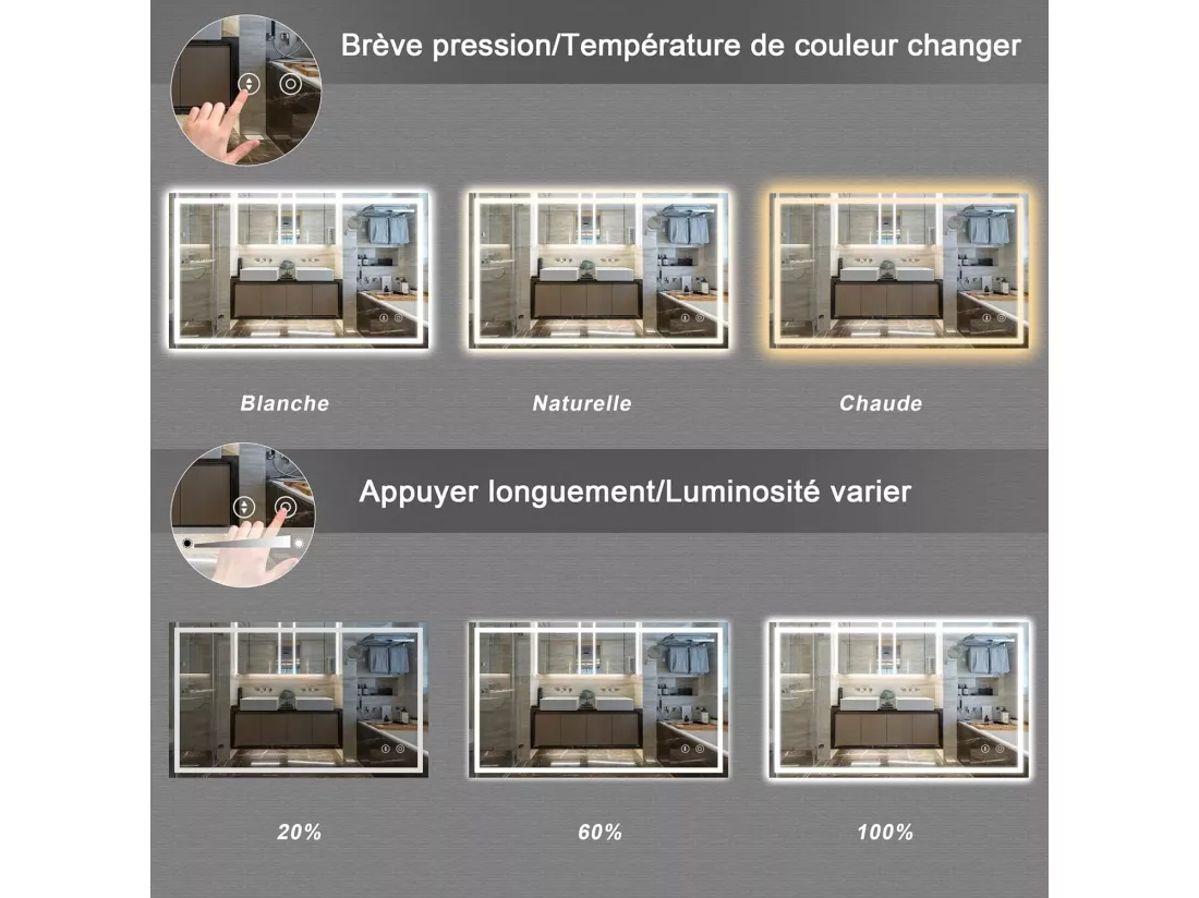 Miroir Rectangulaire Salle de Bain avec Lumière LED, Miroir 3 Couleur Changeable, Antibuée, Verticale/Horizontale - 100 x 60 cm
