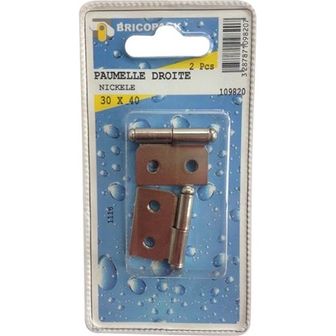 Paumelle droite nickelee - 30x40 mm - lot de 2