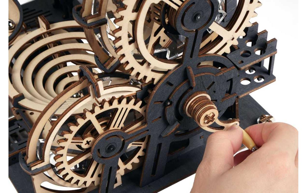 Bausatz Murmelbahn Night City mit Kurbelantrieb3D-Puzzle aus lasergeschnittenen Holzteilen