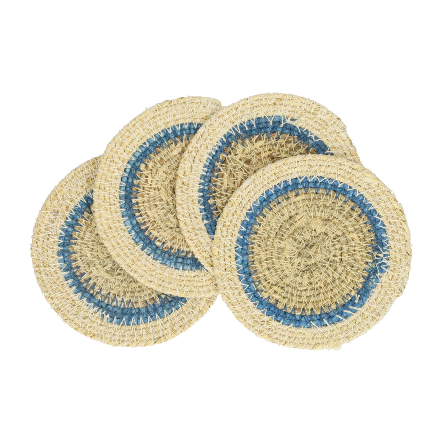 Onderzetter naturel, zeegras, blauwe rand, set van 4