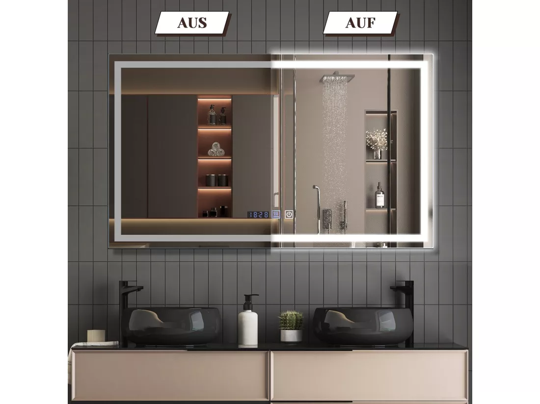 NETTLIFE Miroir lumineux salle de bain - 100x60 cm LED, IP44, interrupteur tactile, horloge désembuage, réglable