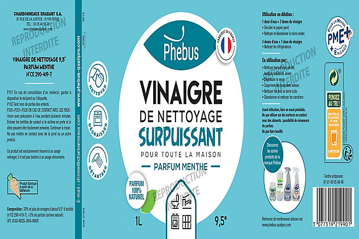 Vinaigre de nettoyage surpuissant 9,5° parfum menthe Phebus 1L