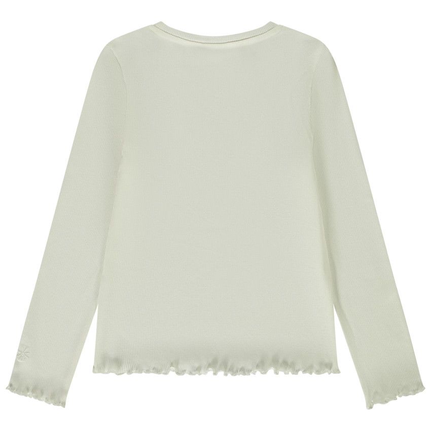 T-shirt manches longues côtelé avec fleur brodée pour fille - Ecru