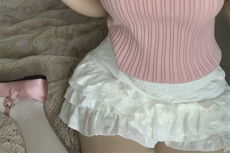 PINPI - Tanktop met col en geribbelde breisels