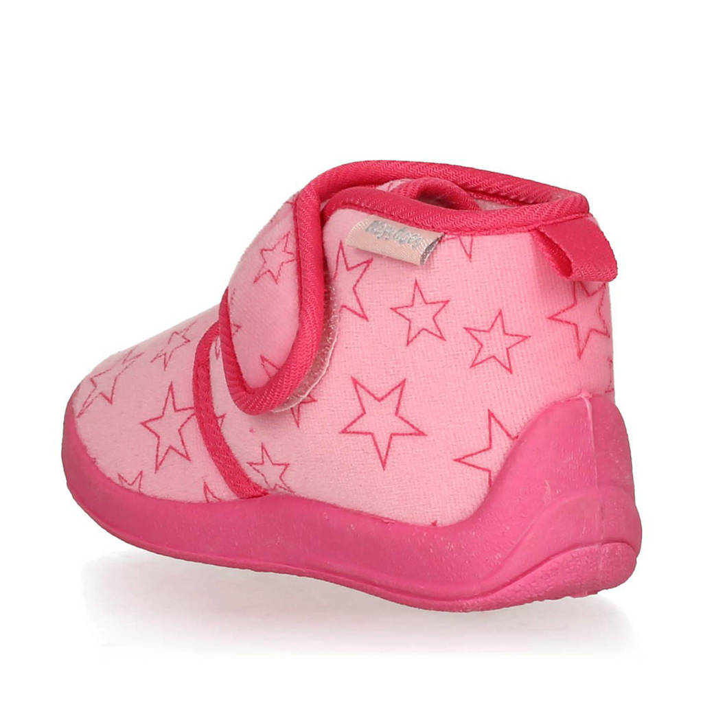 Playshoes pantoffels met sterrendessin Velcro roze/donkerroze
