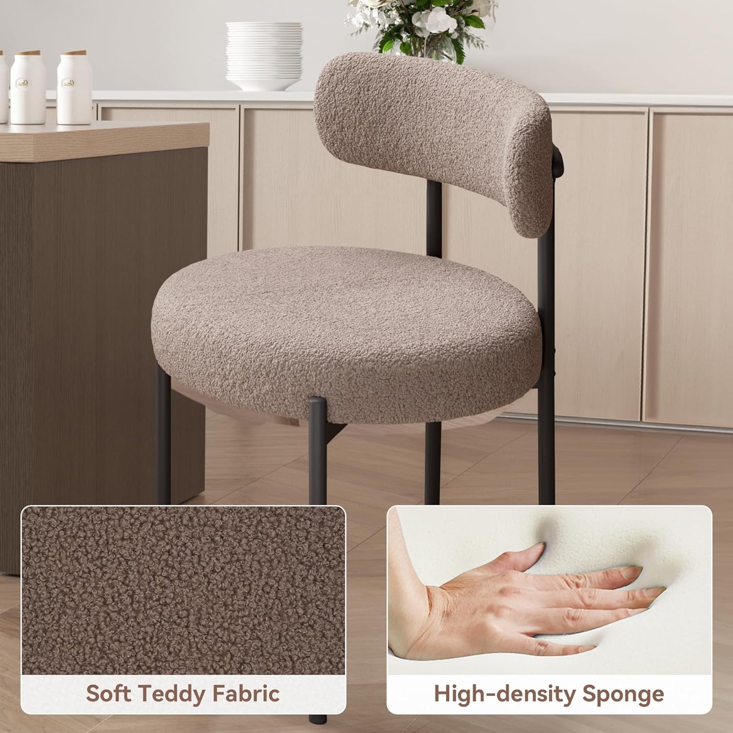 Esszimmerstühle 4er Set丨Teddy Stoff Runde Boucle Stühle·Mid-Century gepolsterte Küchenstühle·Dining Chairs mit Metallbeinen·Grau